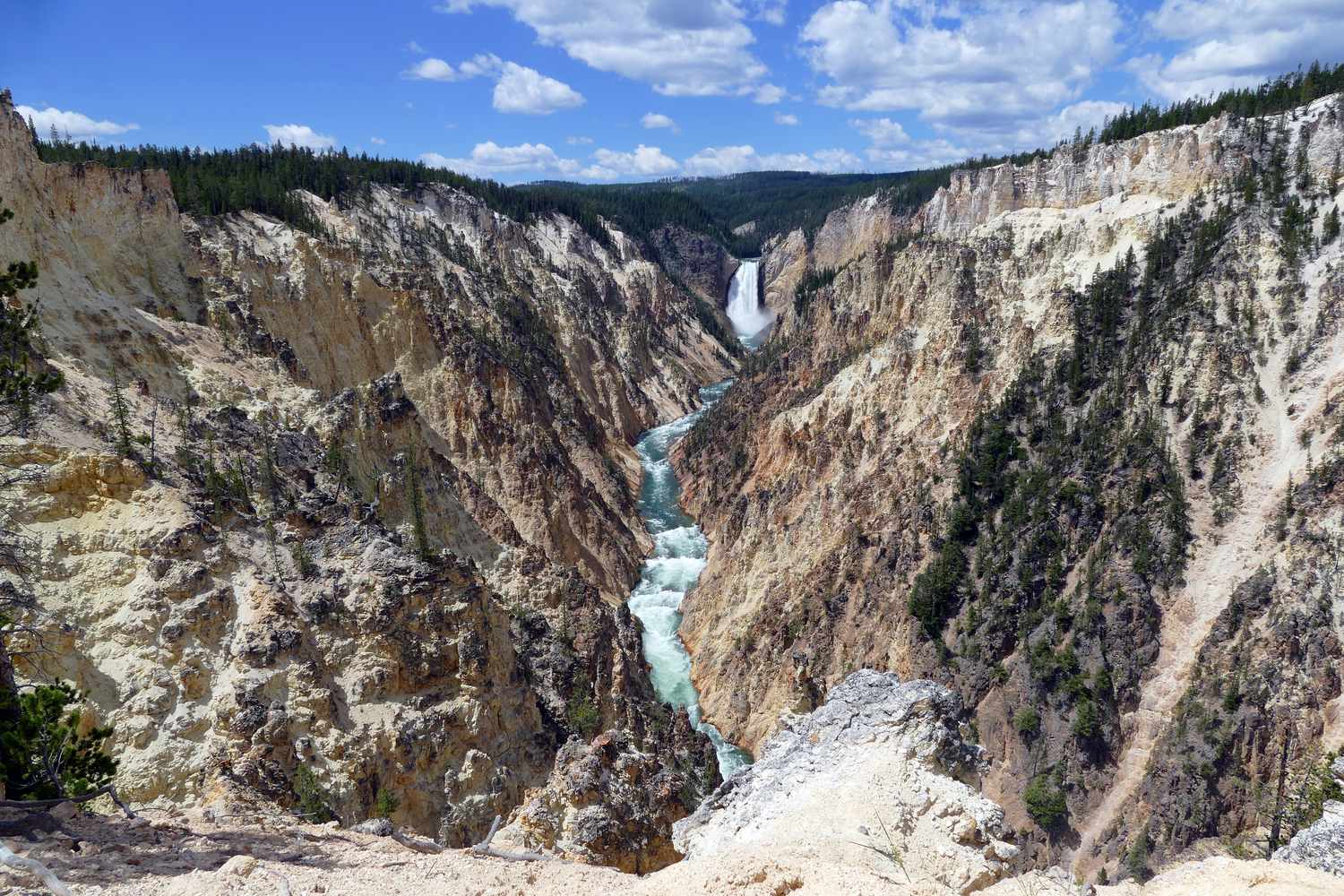The Lower Falls of the Yellowstone seen from Artist Point, the canyon walls yellow and white.